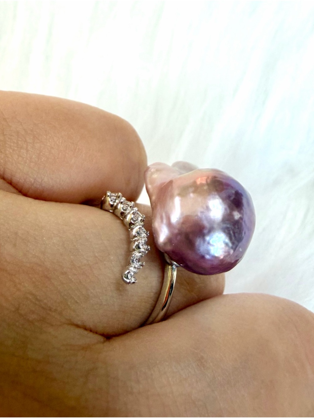 Lavender Baroque Pearl Ring with Pavé Band - Women Jewelry - Picture 4 of 10